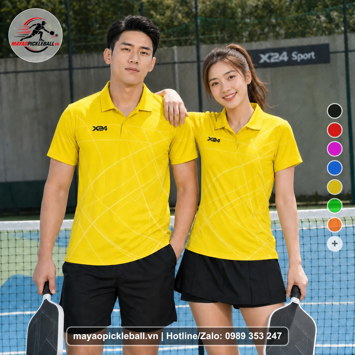 Bộ quần áo pickleball X24-PB-083 vàng áo có tay có cổ