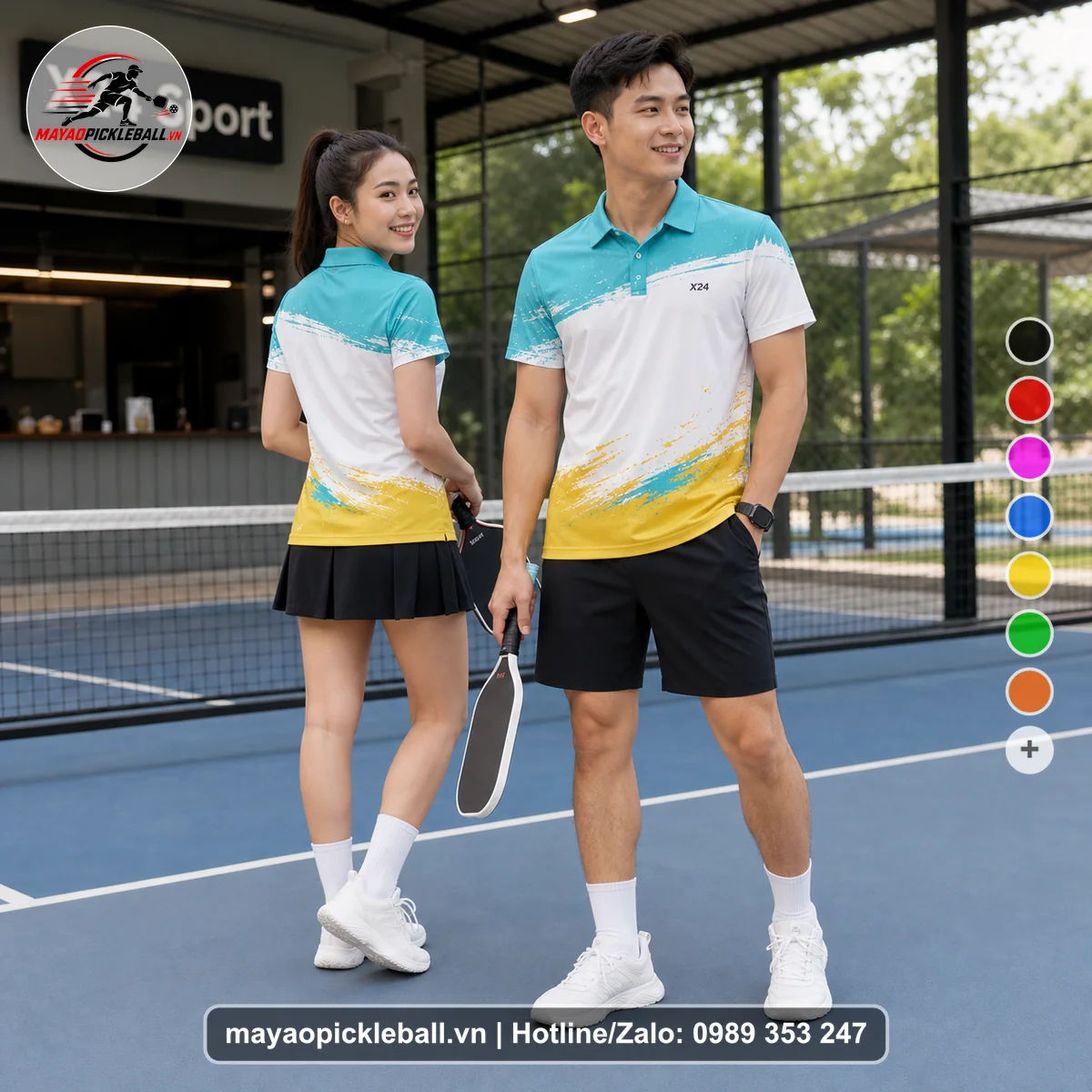 Bộ quần áo pickleball X24-PB-091 xanh ngọc, xanh áo có tay có cổ
