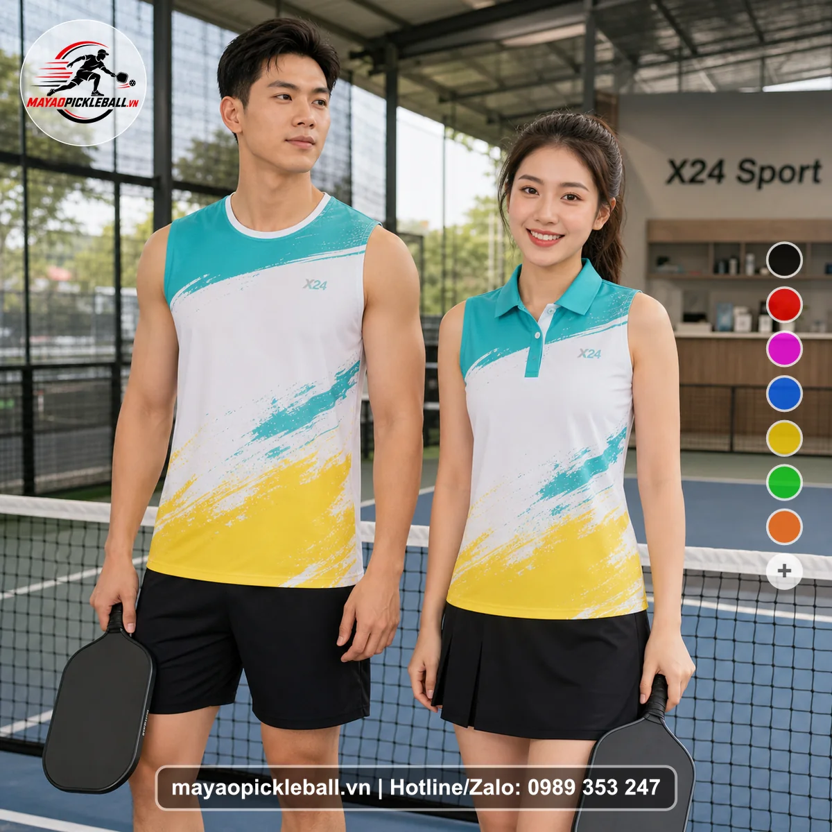 Bộ quần áo pickleball X24-PB-091 xanh ngọc, xanh biến thể không ống tay