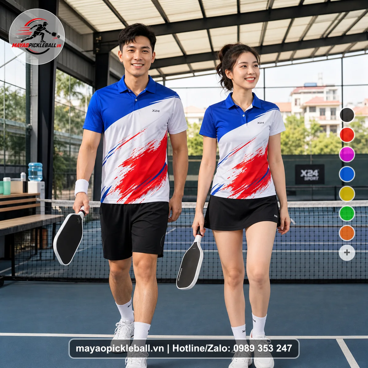 Bộ quần áo pickleball X24-PB-092 xanh, đỏ, trắng áo có tay có cổ