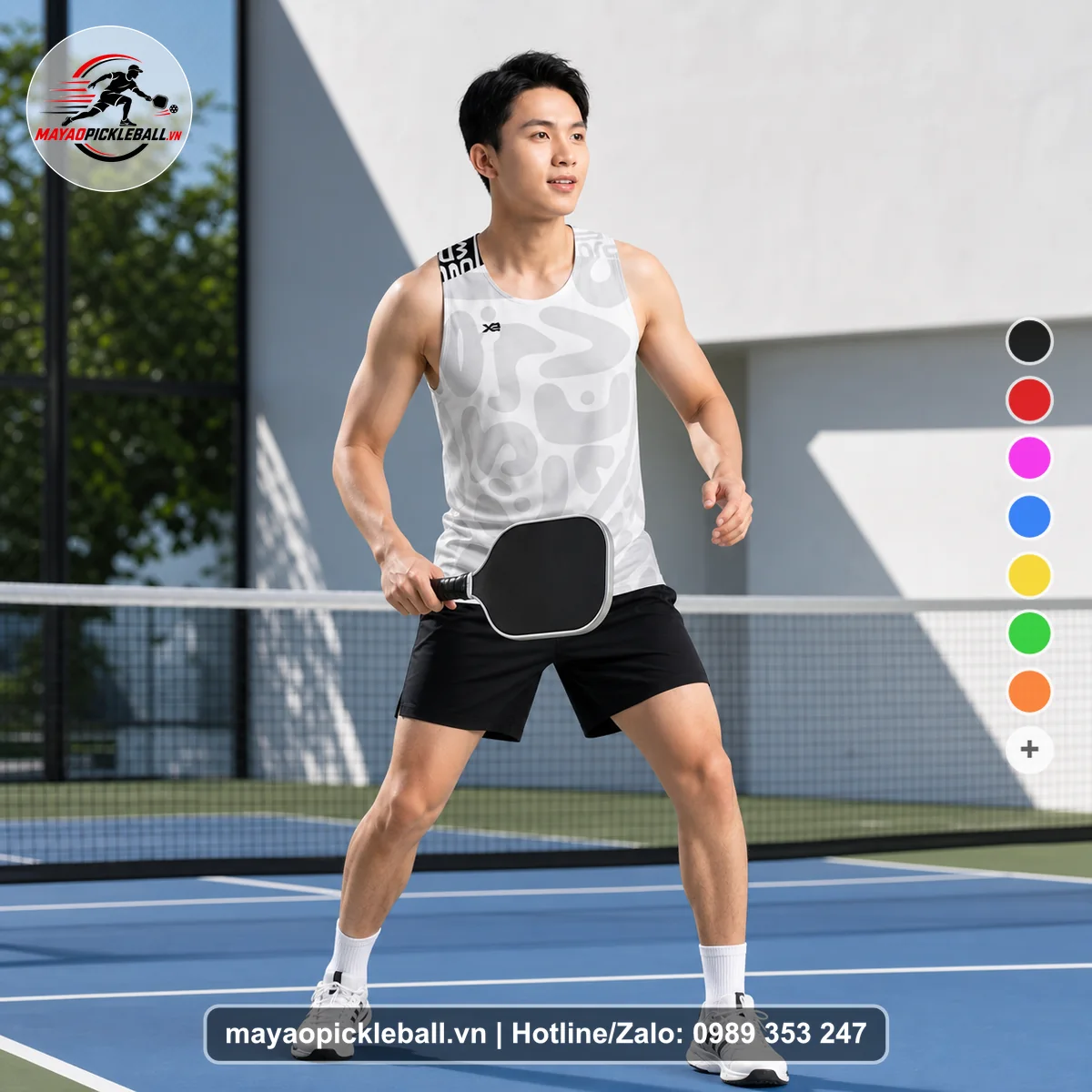Bộ quần áo pickleball X24-PB-094 trắng, xám nhạt, đen áo có tay có cổ