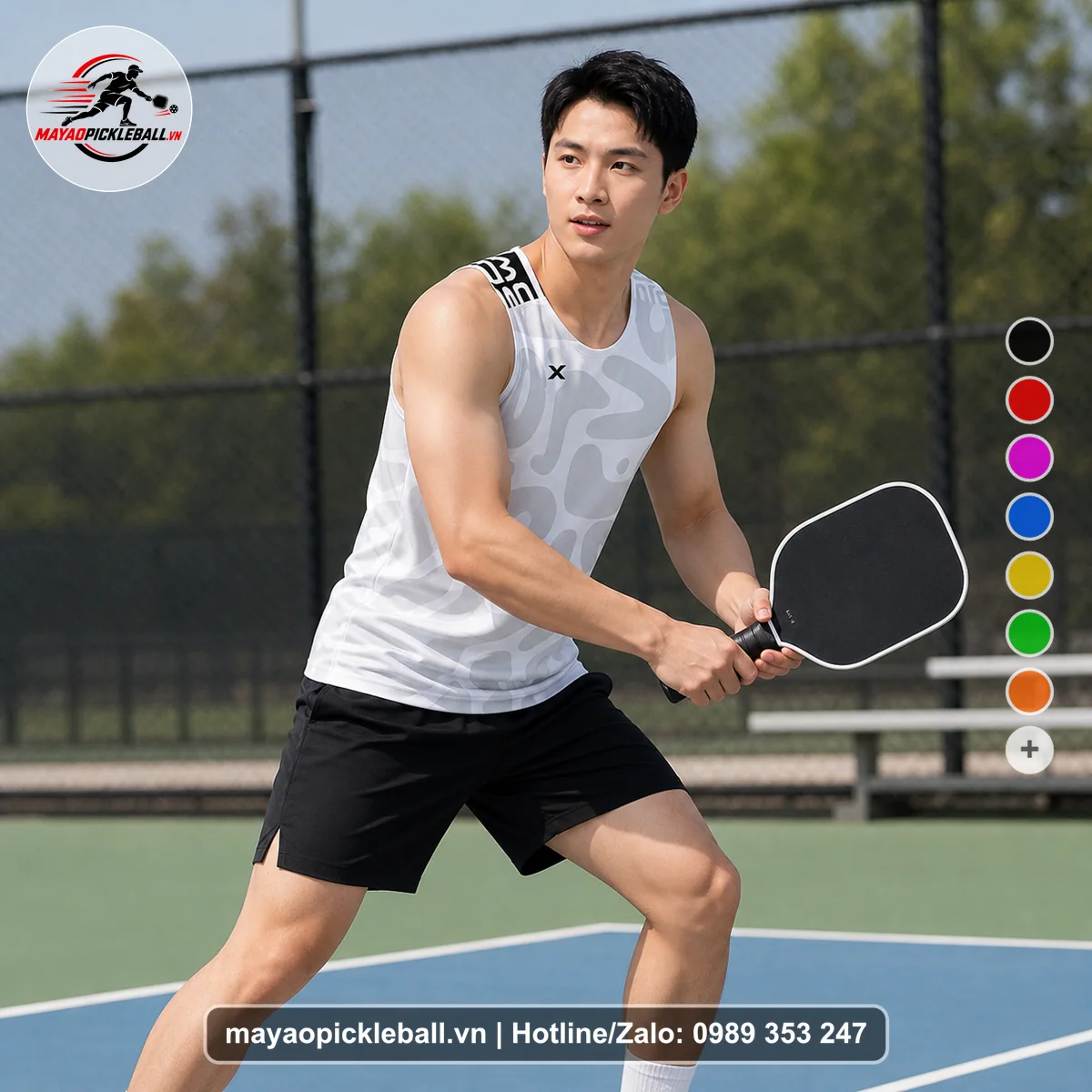 Bộ quần áo pickleball X24-PB-094 trắng, xám nhạt, đen biến thể không ống tay