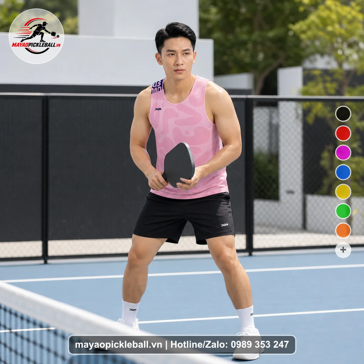 Bộ quần áo pickleball X24-PB-095 hồng, hồng nhạt, đen áo có tay có cổ