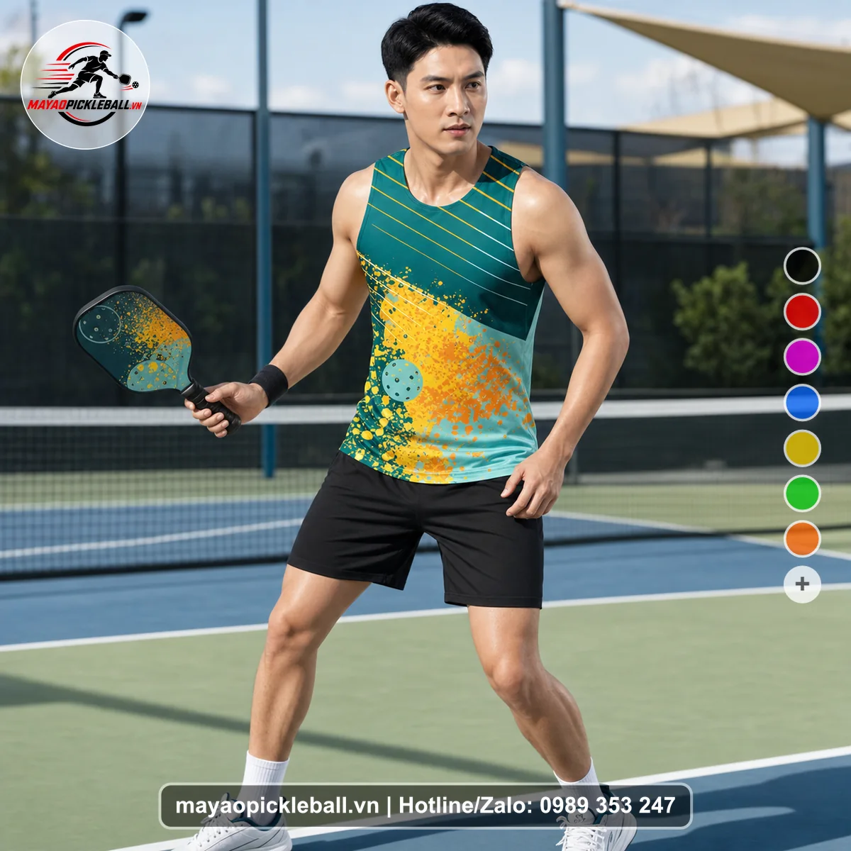 Bộ quần áo pickleball X24-PB-097 xanh, xanh ve chai, vàng áo có tay có cổ