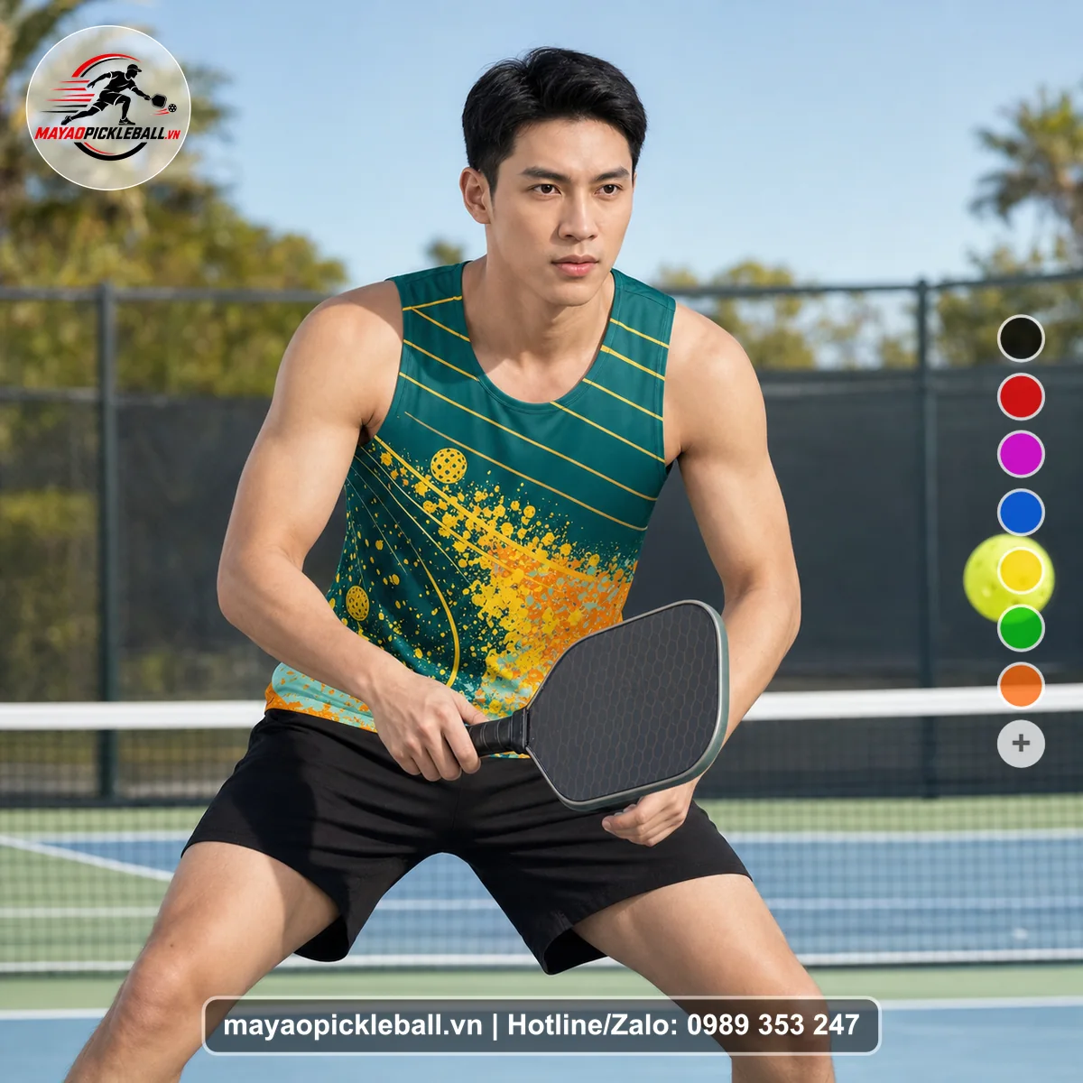Bộ quần áo pickleball X24-PB-097 xanh, xanh ve chai, vàng biến thể không ống tay