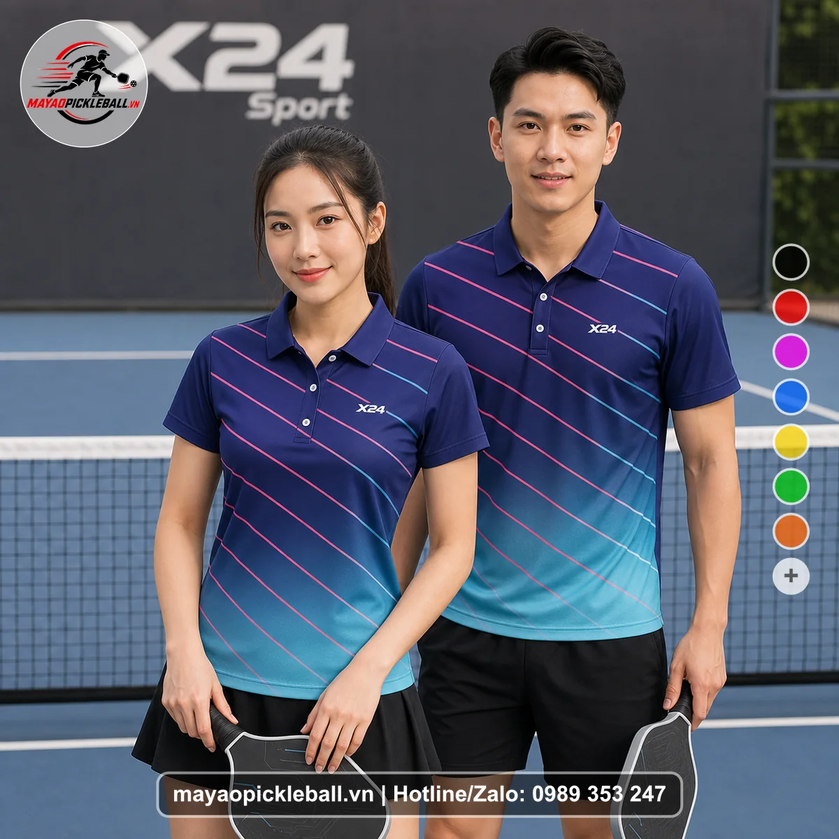 Bộ quần áo pickleball X24-PB-098 tím, tím navy, xanh cyan áo có tay có cổ