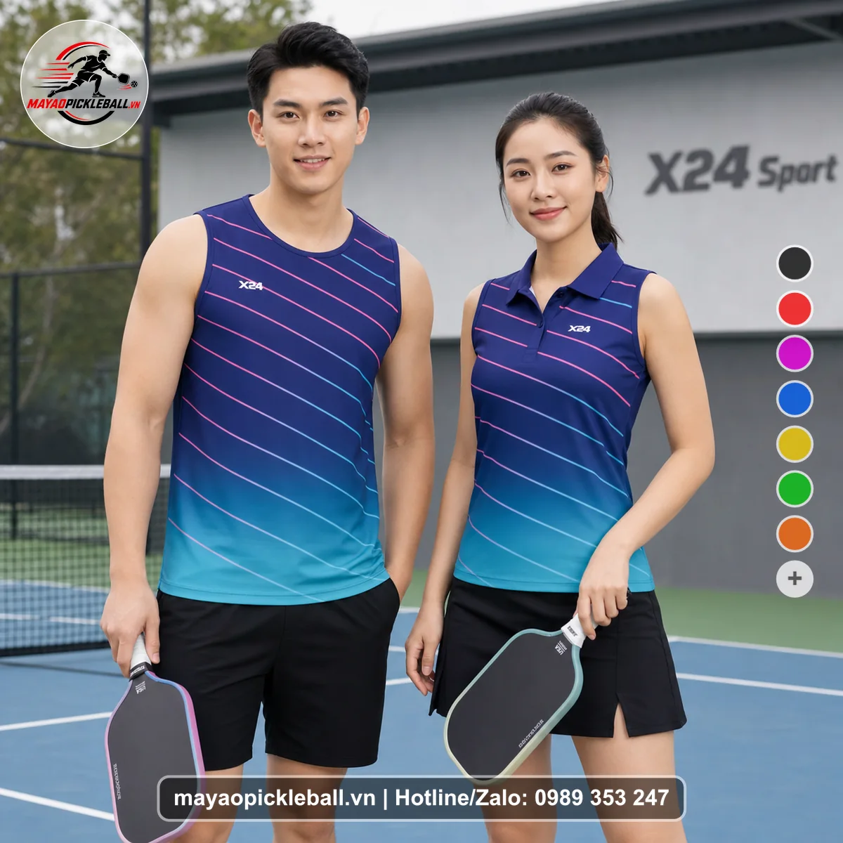 Bộ quần áo pickleball X24-PB-098 tím, tím navy, xanh cyan biến thể không ống tay