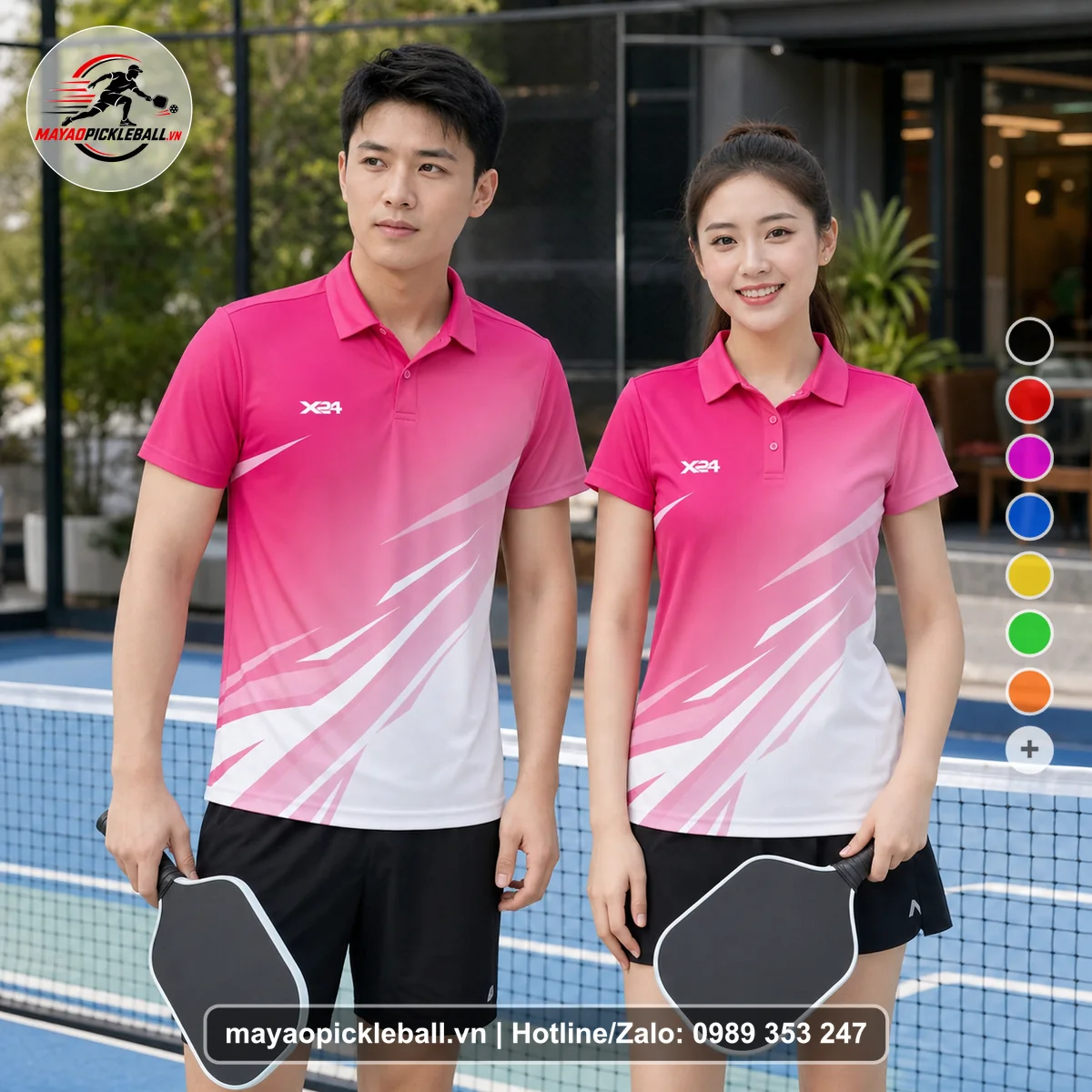 Bộ quần áo pickleball X24-PB-099 hồng áo có tay có cổ