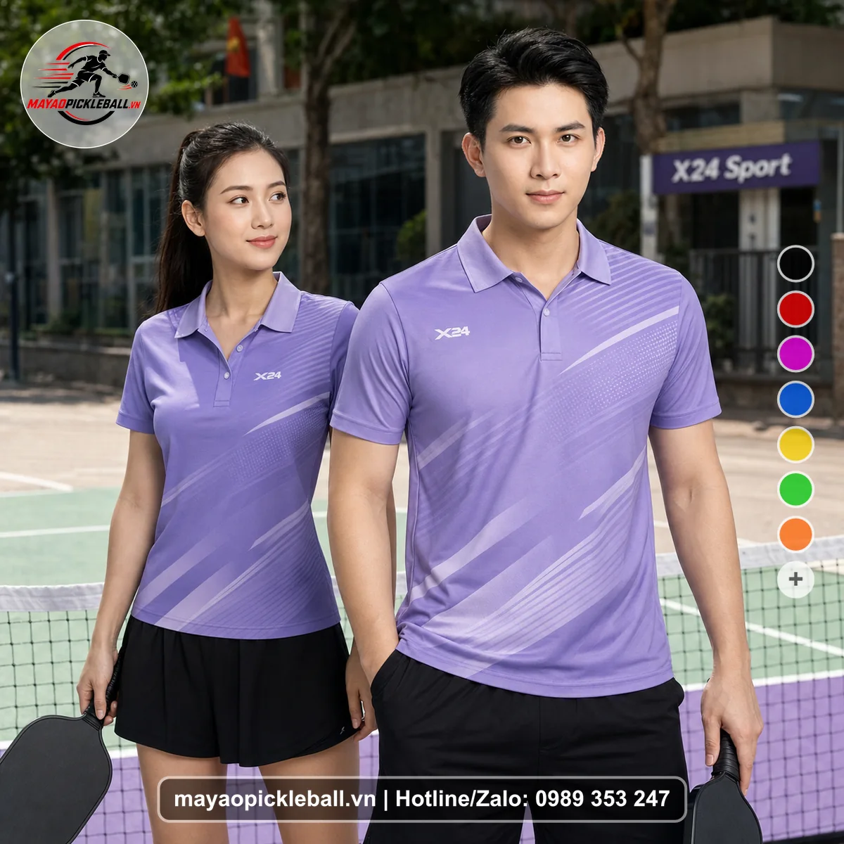 Bộ quần áo pickleball X24-PB-105 tím áo có tay có cổ