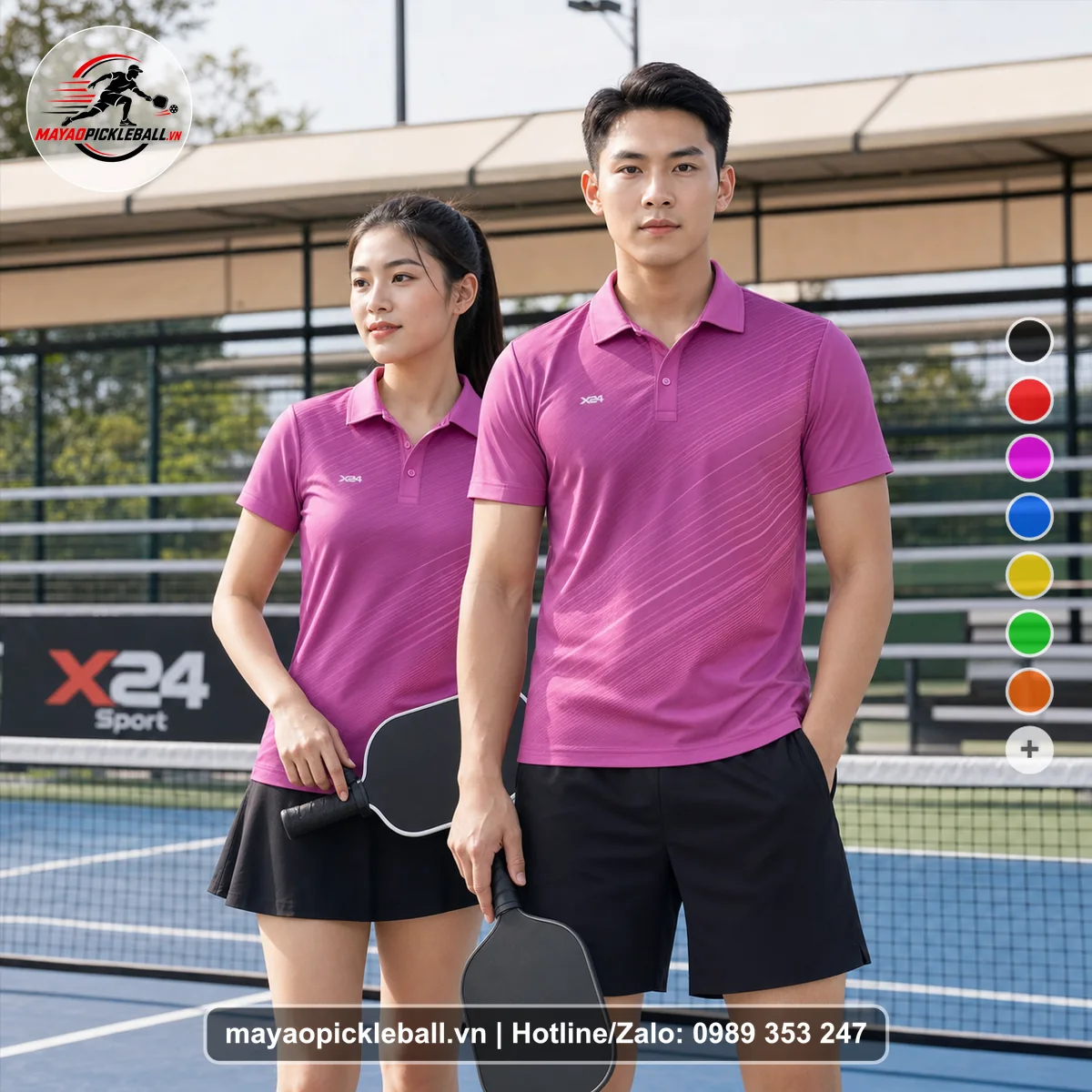 Bộ quần áo pickleball X24-PB-106 hồng áo có tay có cổ
