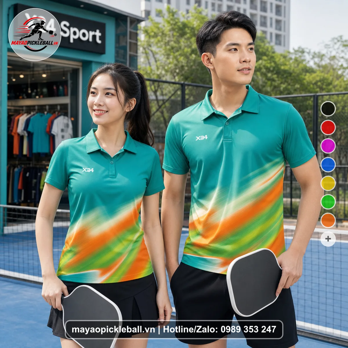 Bộ quần áo pickleball X24-PB-107 xanh ngọc, xanh áo có tay có cổ