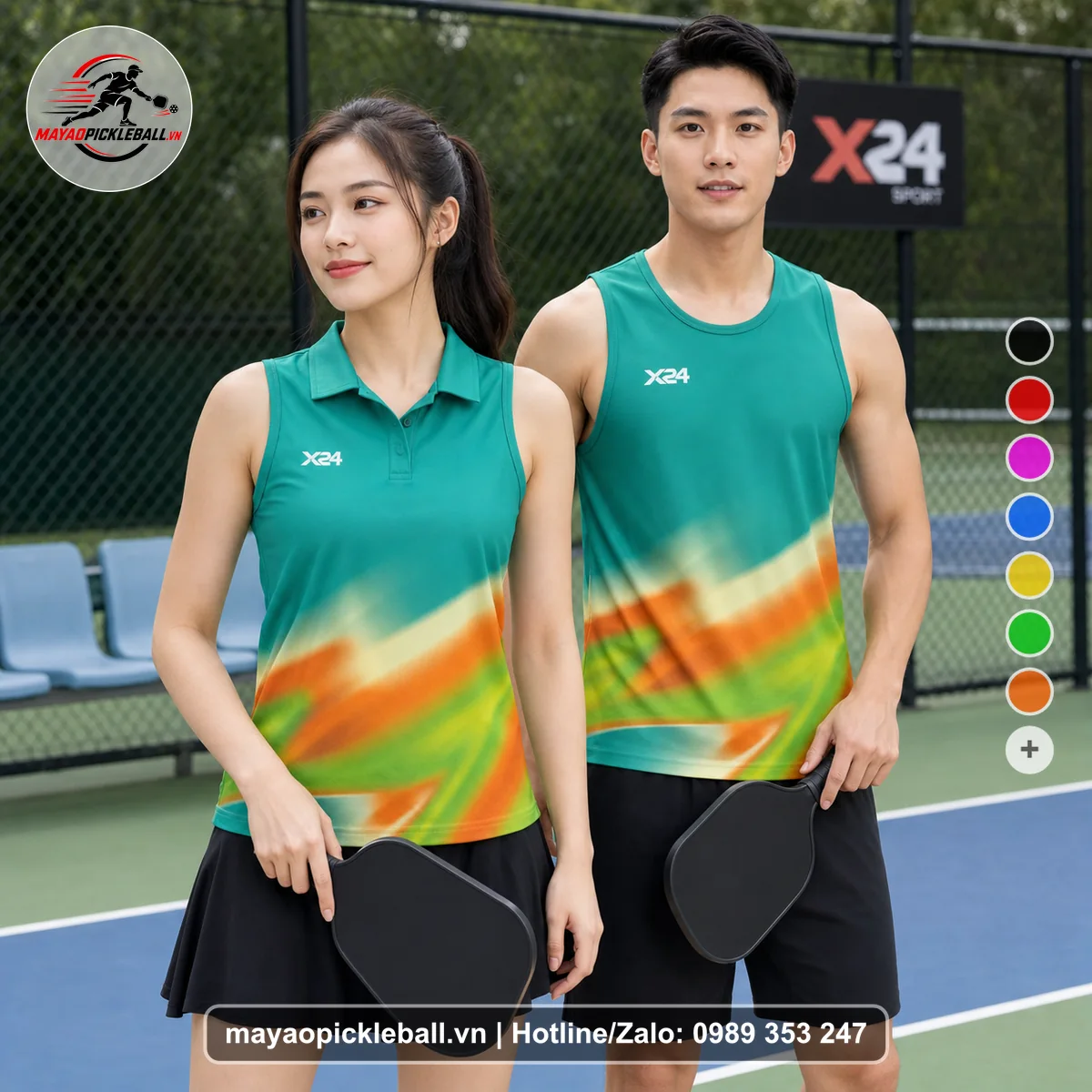 Bộ quần áo pickleball X24-PB-107 xanh ngọc, xanh biến thể không ống tay