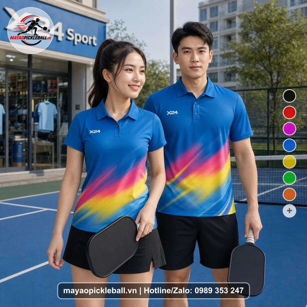 Bộ quần áo pickleball X24-PB-108 xanh áo có tay có cổ