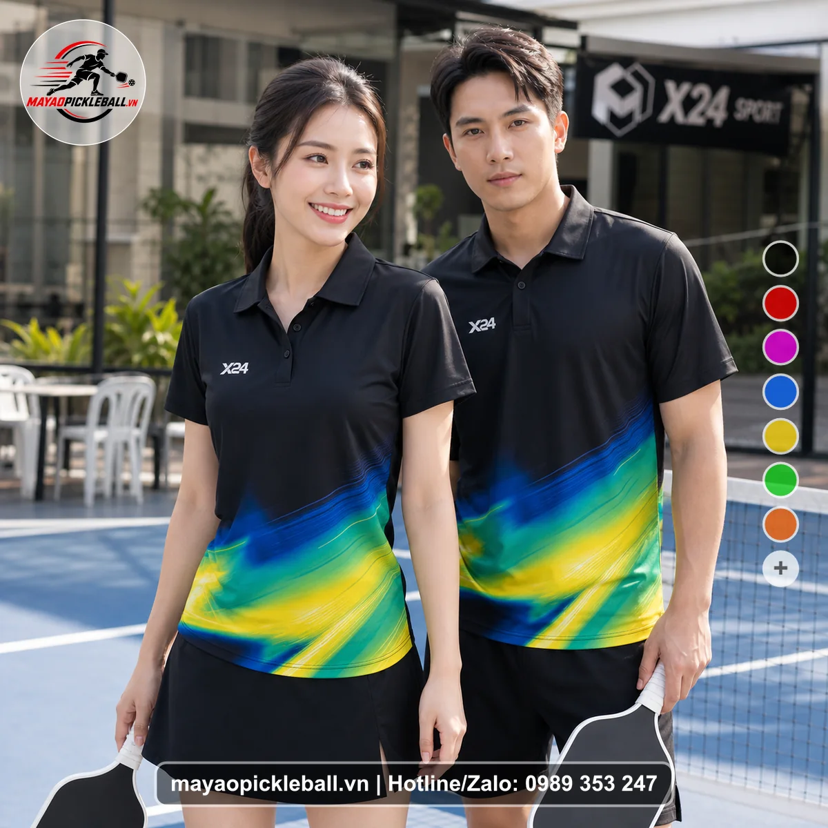Bộ quần áo pickleball X24-PB-109 đen áo có tay có cổ