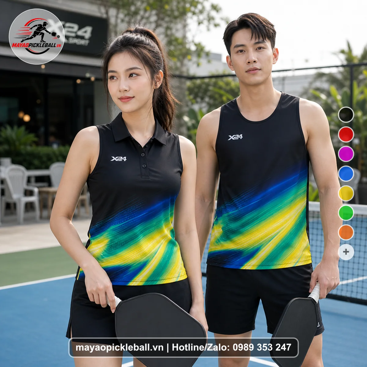 Bộ quần áo pickleball X24-PB-109 đen biến thể không ống tay