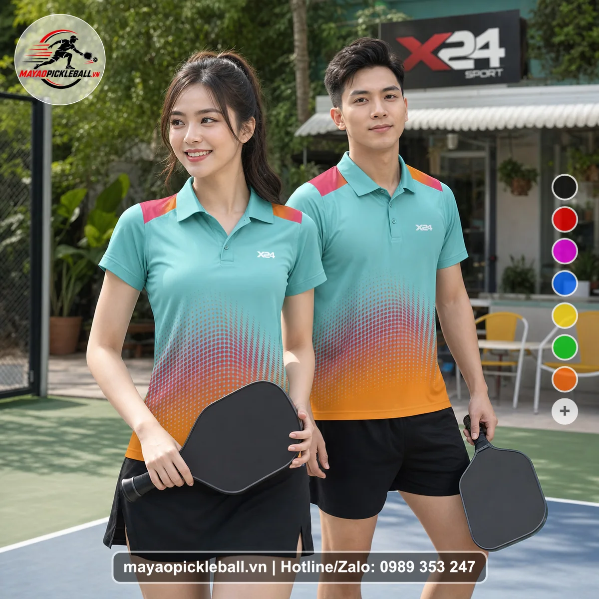 Bộ quần áo pickleball X24-PB-110 xanh ngọc, xanh áo có tay có cổ
