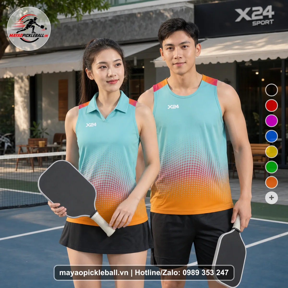 Bộ quần áo pickleball X24-PB-110 xanh ngọc, xanh biến thể không ống tay