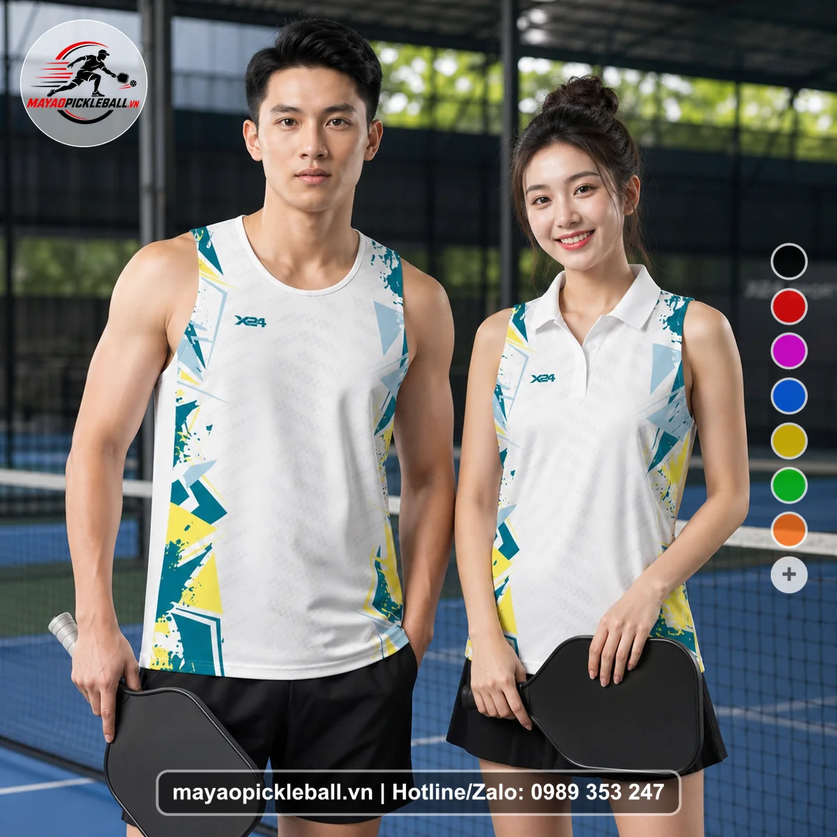 Bộ quần áo pickleball X24-PB-118 trắng biến thể không ống tay