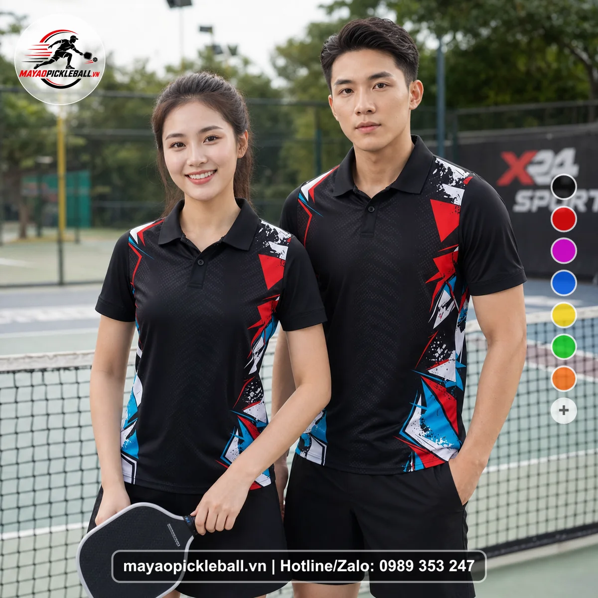 Bộ quần áo pickleball X24-PB-119 đen áo có tay có cổ