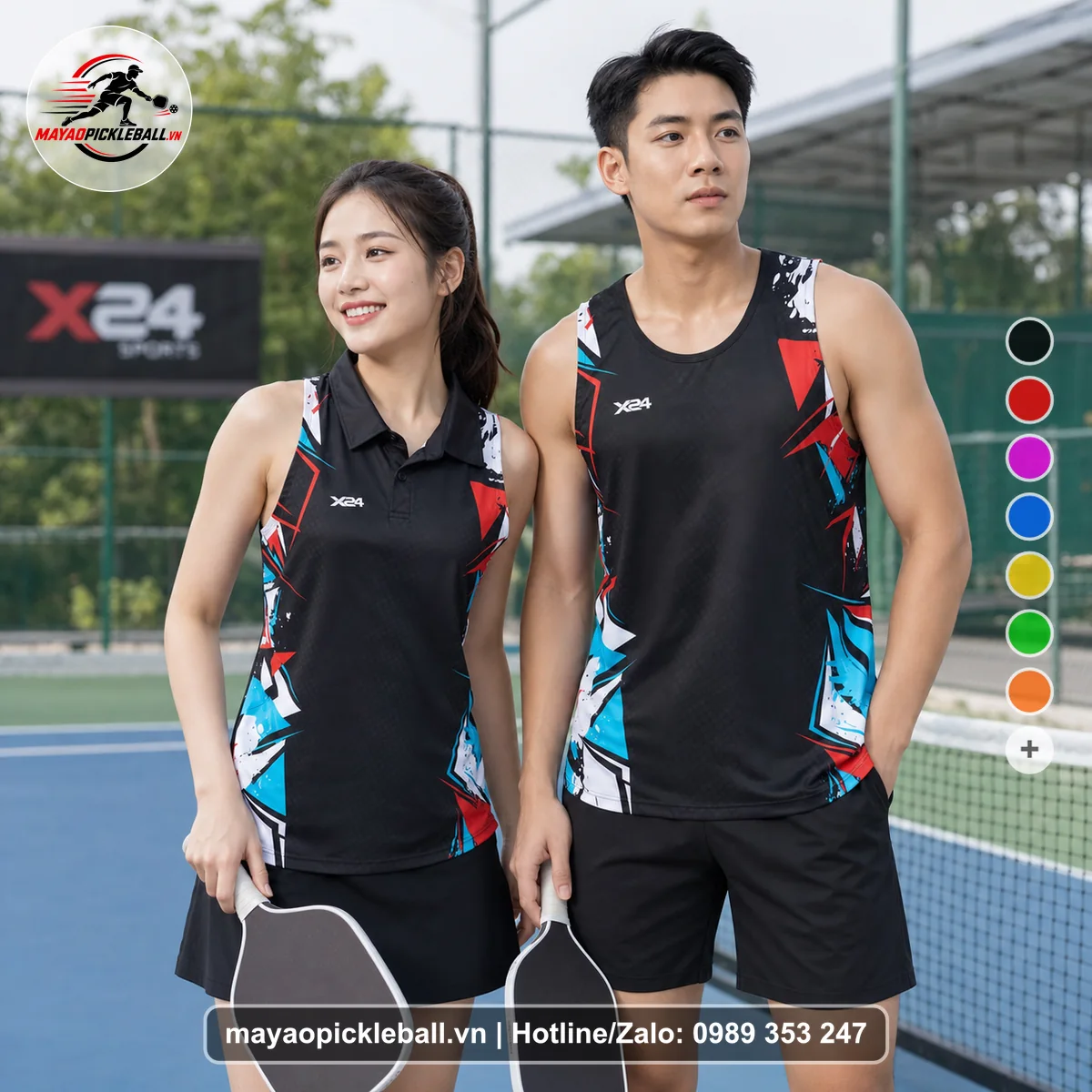 Bộ quần áo pickleball X24-PB-119 đen biến thể không ống tay