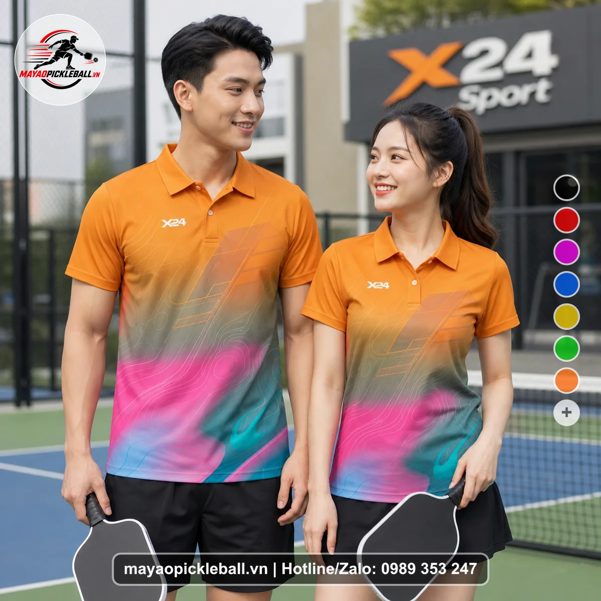 Bộ quần áo pickleball X24-PB-122 cam áo có tay có cổ