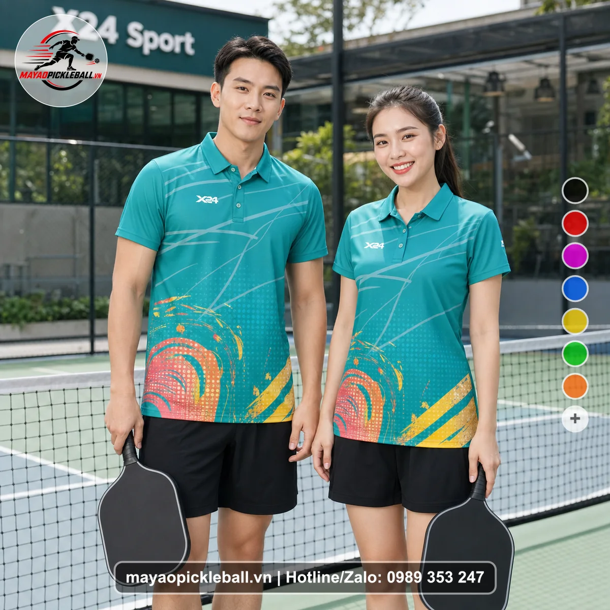 Bộ quần áo pickleball X24-PB-123 xanh ngọc, xanh áo có tay có cổ