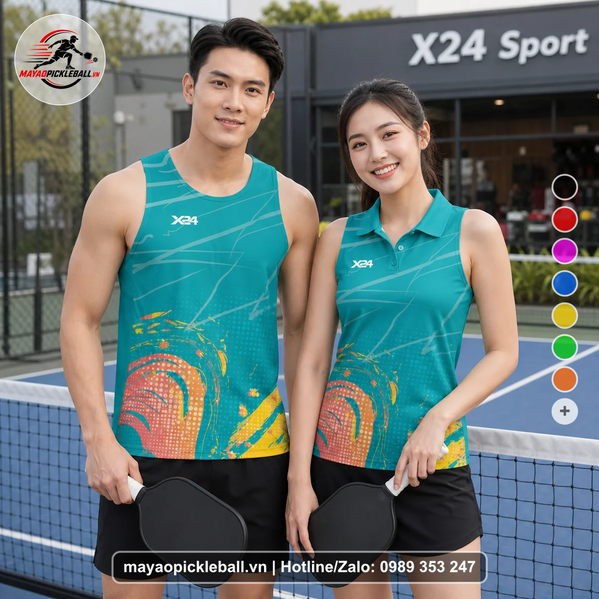 Bộ quần áo pickleball X24-PB-123 xanh ngọc, xanh biến thể không ống tay