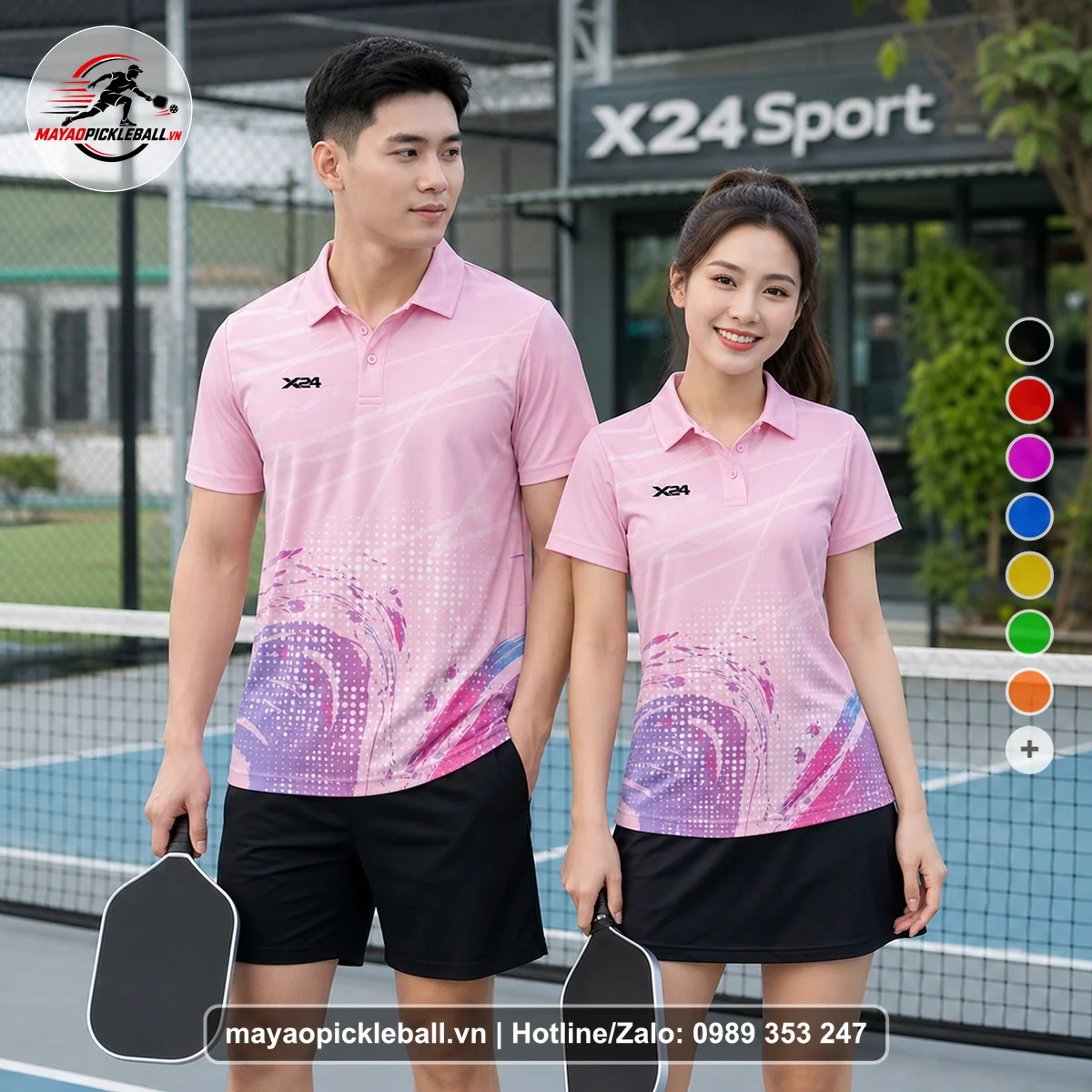 Bộ quần áo pickleball X24-PB-125 hồng áo có tay có cổ