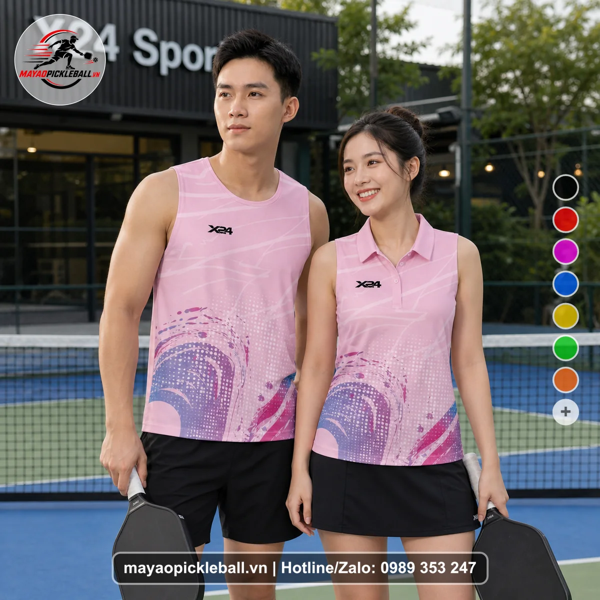 Bộ quần áo pickleball X24-PB-125 hồng biến thể không ống tay