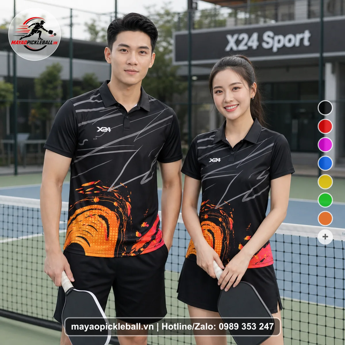 Bộ quần áo pickleball X24-PB-126 đen áo có tay có cổ