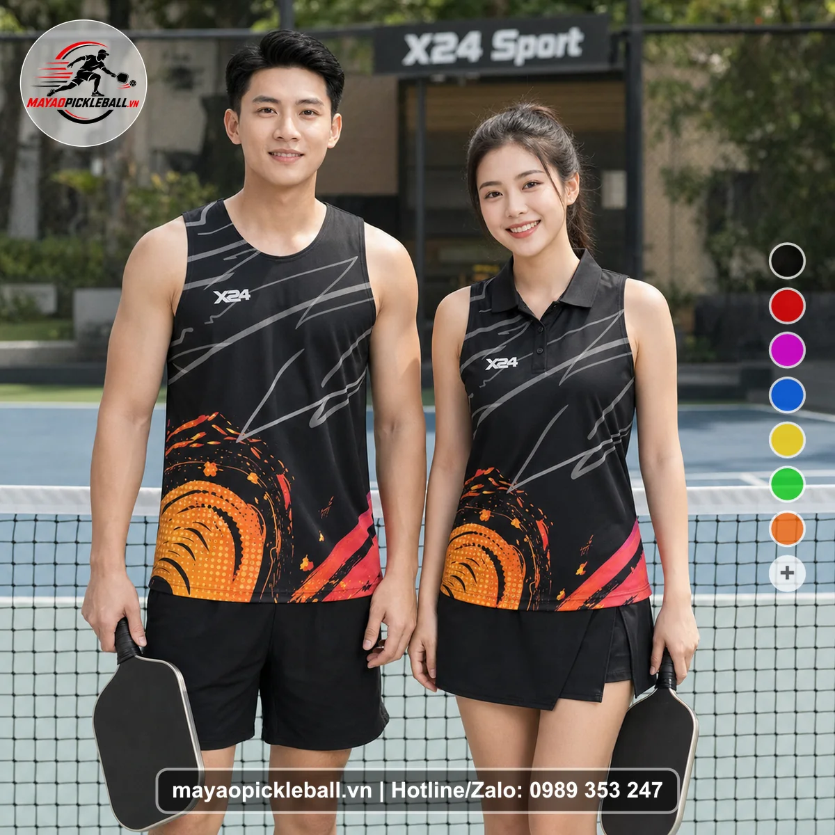 Bộ quần áo pickleball X24-PB-126 đen biến thể không ống tay