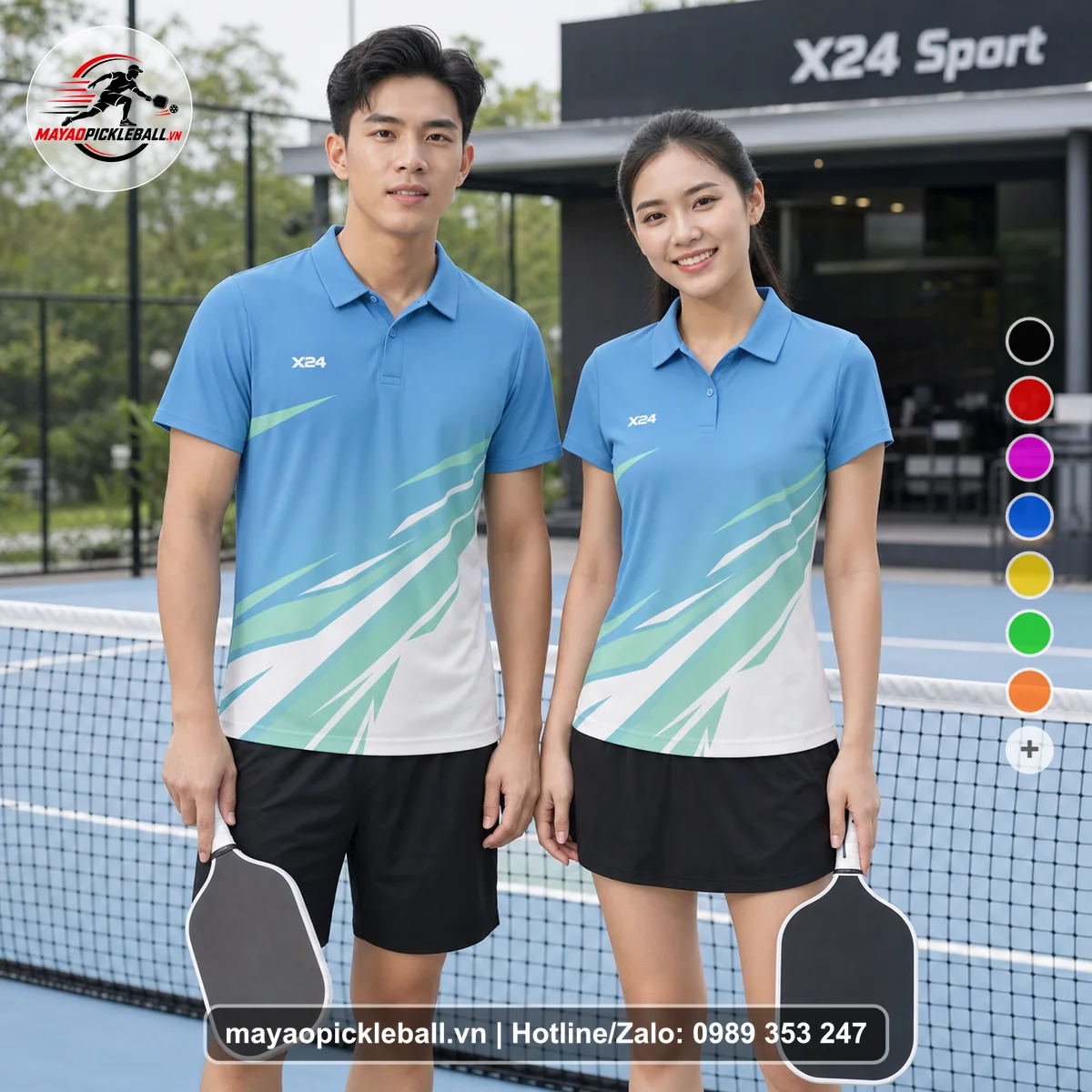 Bộ quần áo pickleball X24-PB-127 xanh áo có tay có cổ