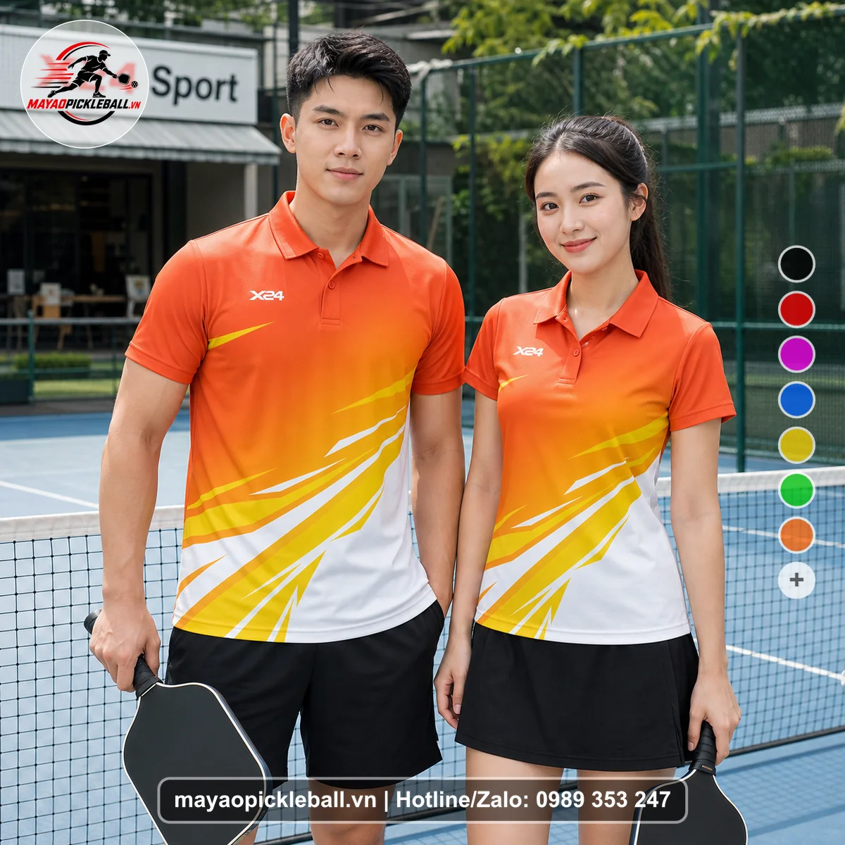 Bộ quần áo pickleball X24-PB-129 cam áo có tay có cổ