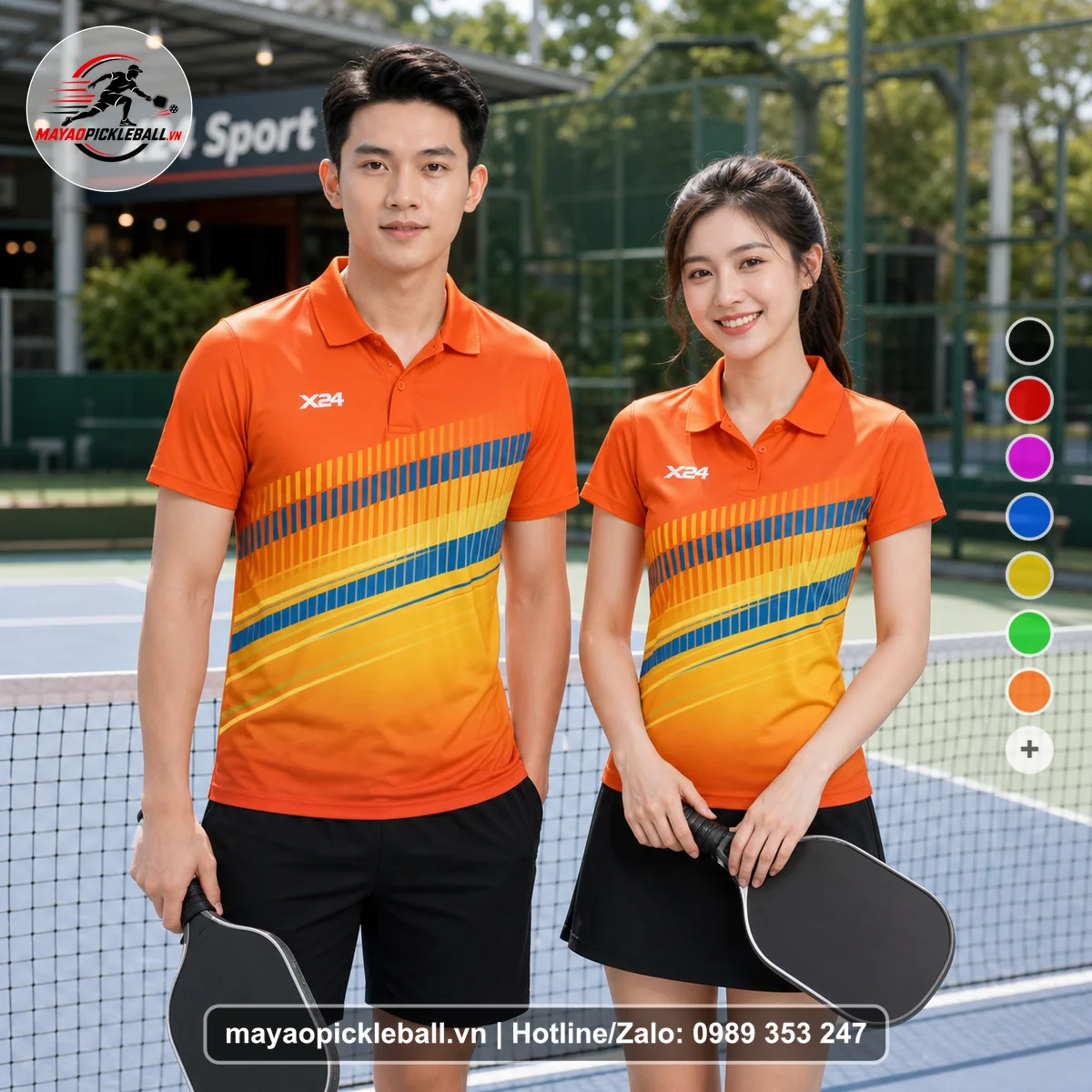 Bộ quần áo pickleball X24-PB-132 cam áo có tay có cổ