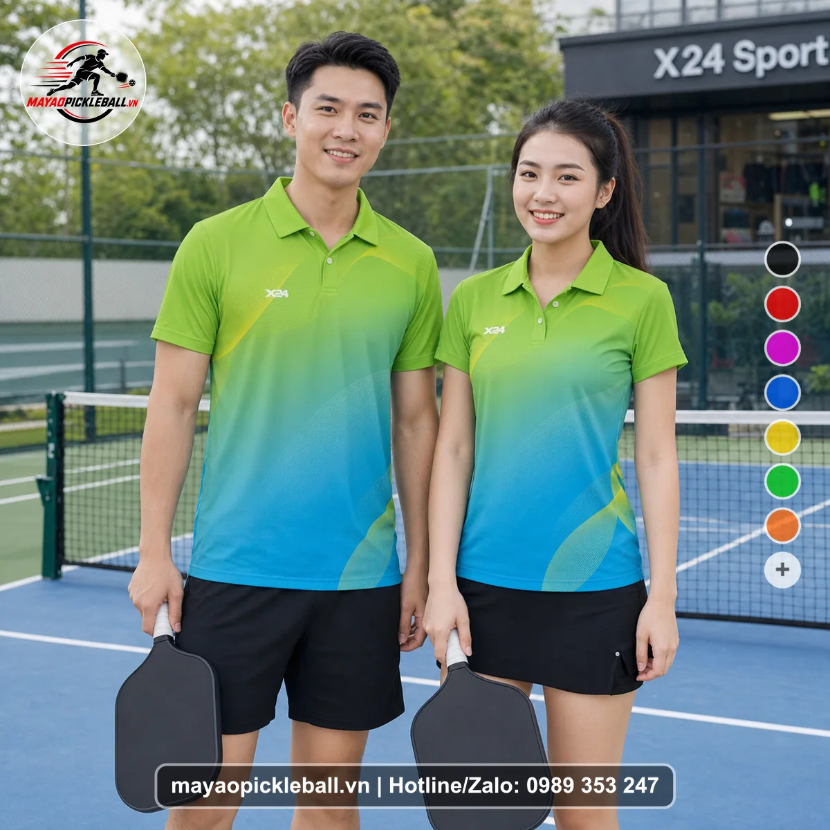 Bộ quần áo pickleball X24-PB-133 xanh áo có tay có cổ