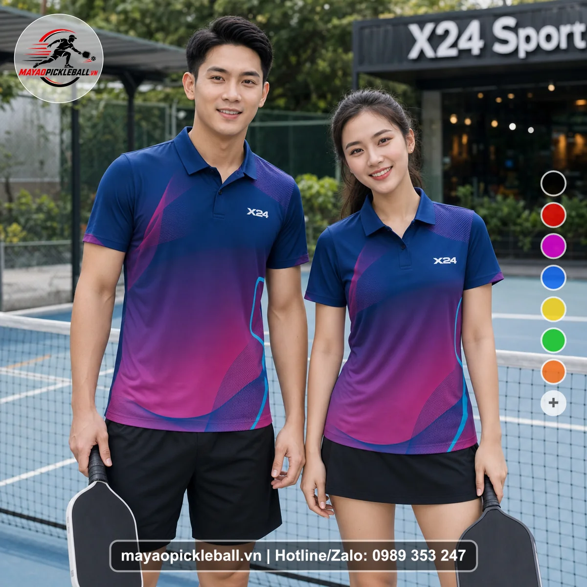 Bộ quần áo pickleball X24-PB-134 hồng, tím áo có tay có cổ