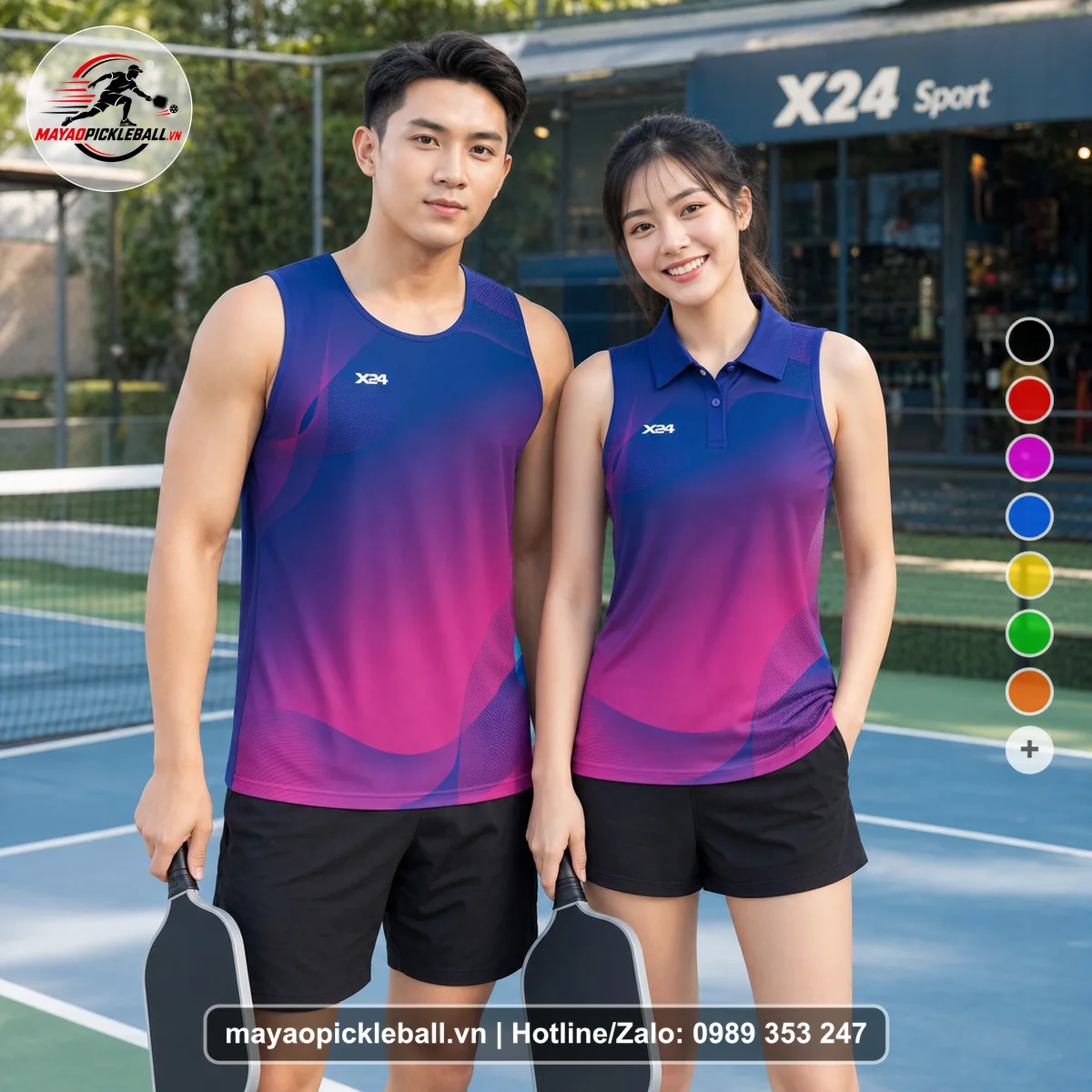 Bộ quần áo pickleball X24-PB-134 hồng, tím biến thể không ống tay