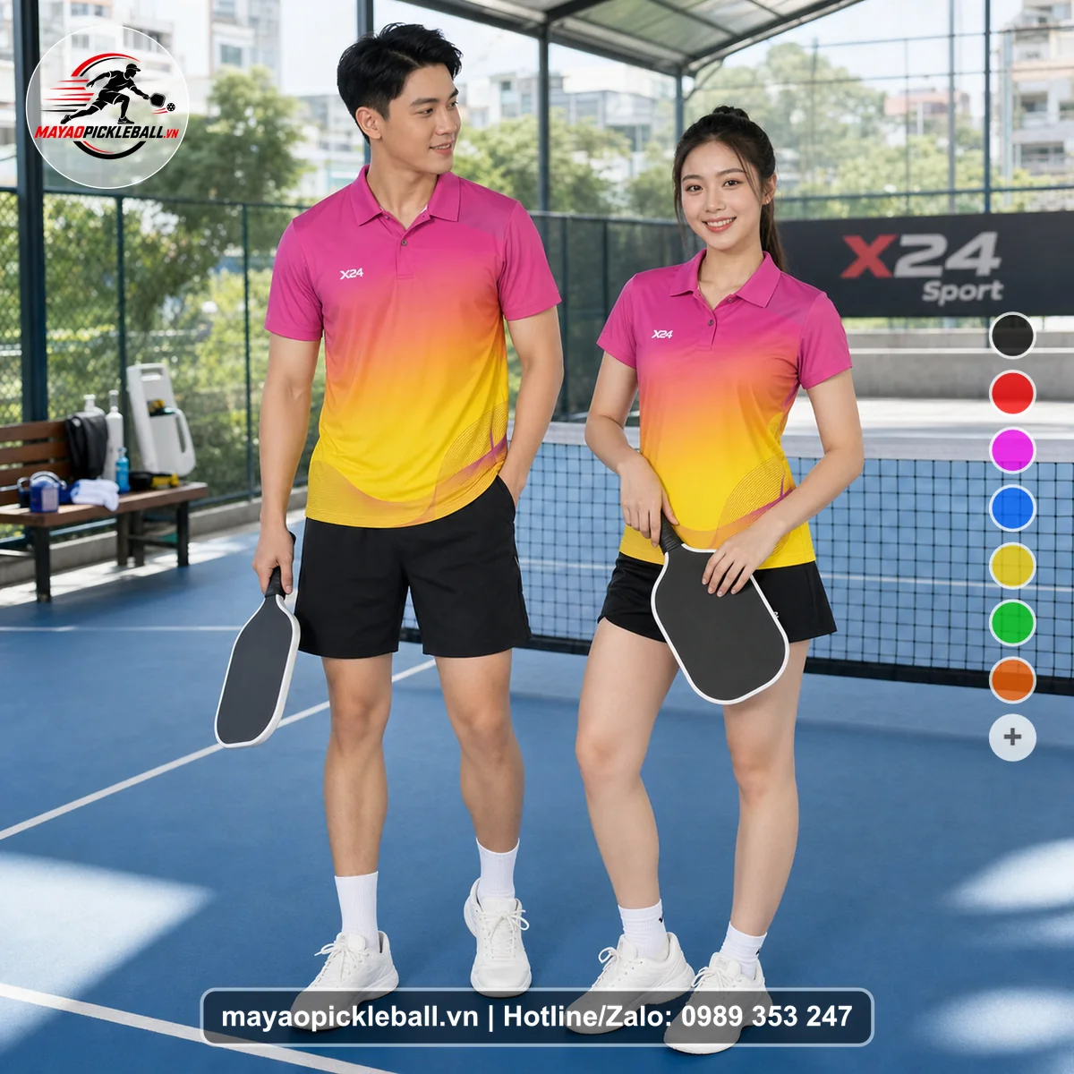 Bộ quần áo pickleball X24-PB-135 hồng, vàng áo có tay có cổ