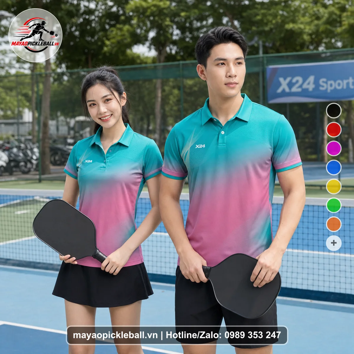 Bộ quần áo pickleball X24-PB-136 hồng áo có tay có cổ