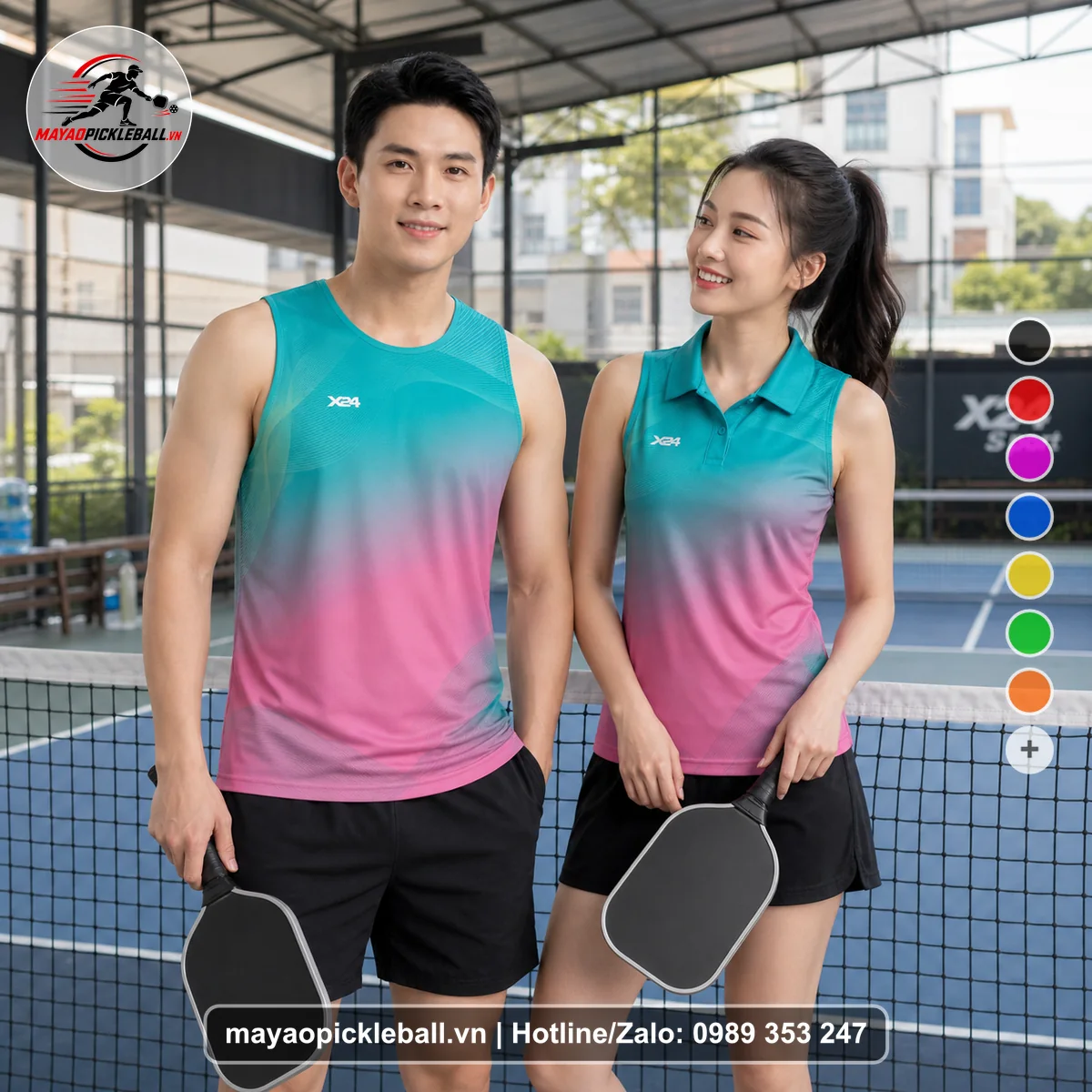 Bộ quần áo pickleball X24-PB-136 hồng biến thể không ống tay