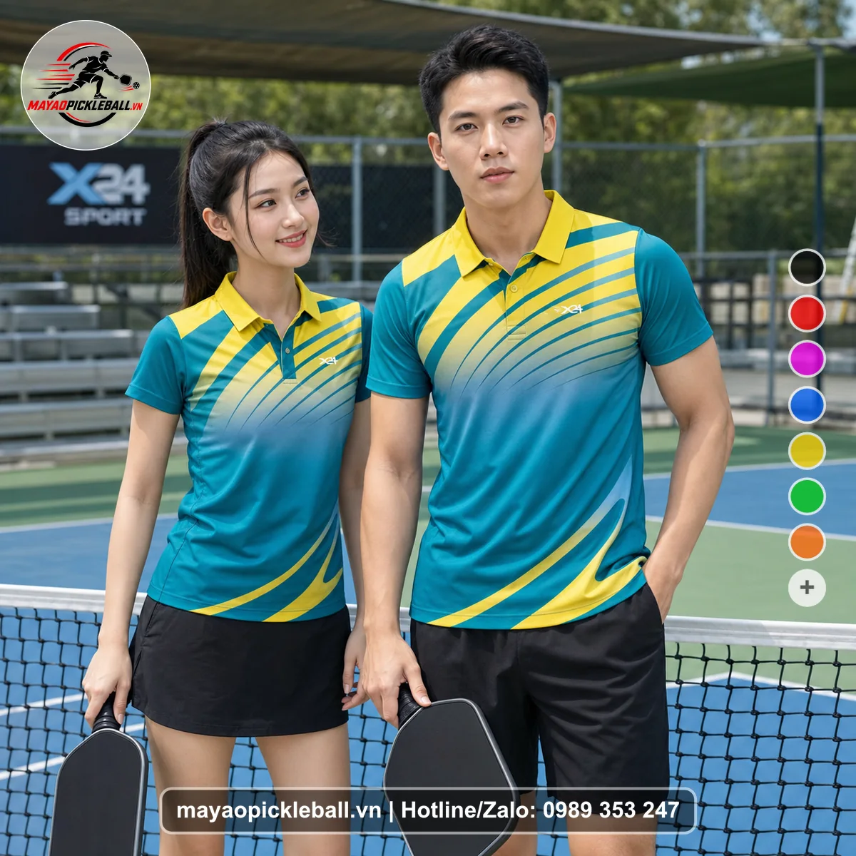 Bộ quần áo pickleball X24-PB-138 vàng, xanh áo có tay có cổ