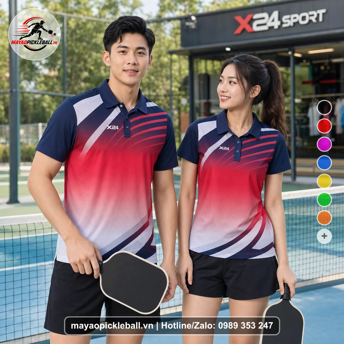 Bộ quần áo pickleball X24-PB-139 đỏ, tím áo có tay có cổ