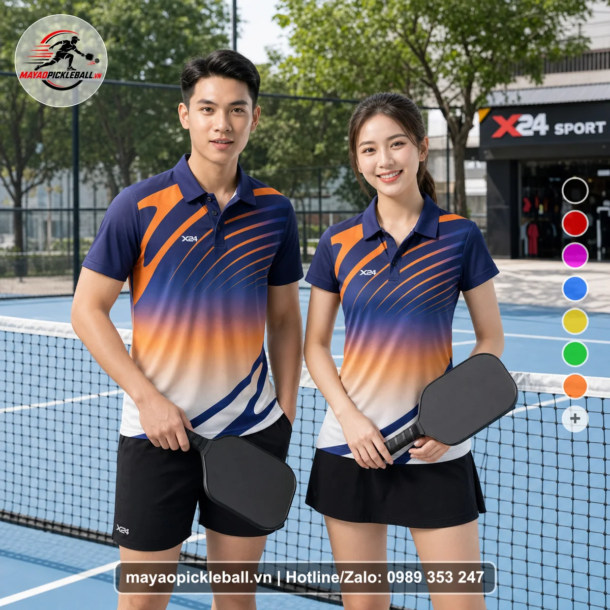 Bộ quần áo pickleball X24-PB-140 cam, tím áo có tay có cổ