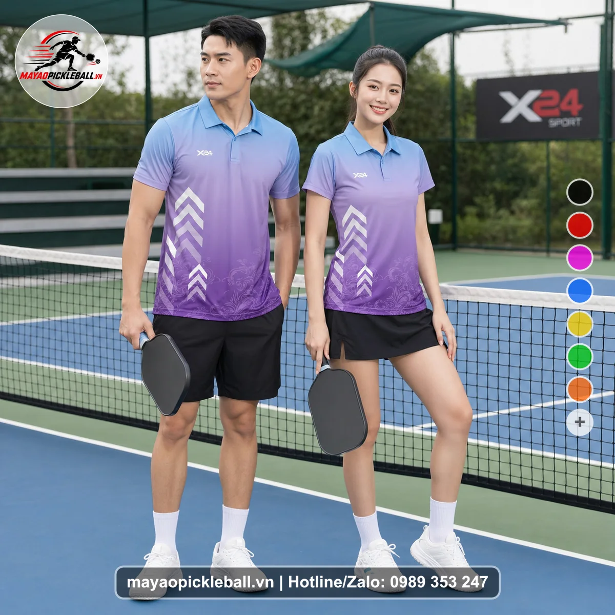 Bộ quần áo pickleball X24-PB-142 tím áo có tay có cổ