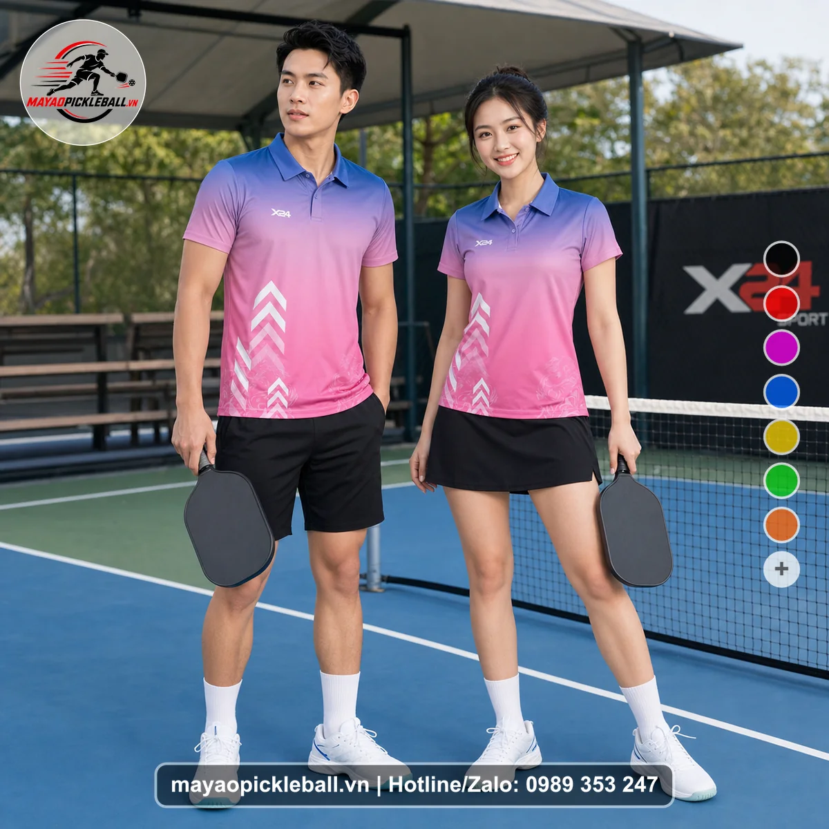 Bộ quần áo pickleball X24-PB-143 hồng áo có tay có cổ