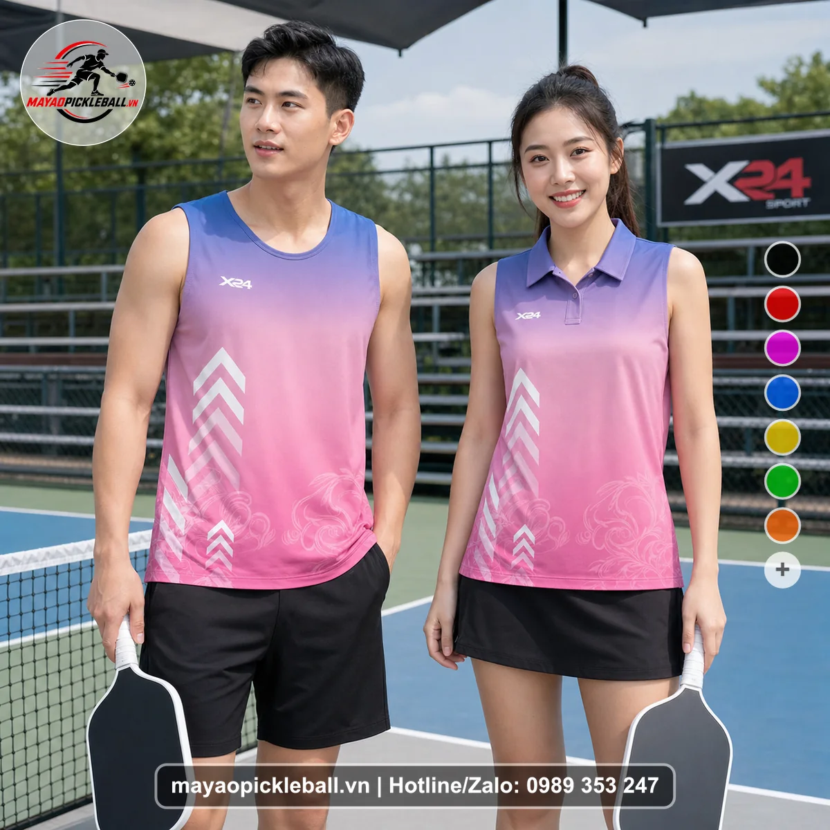 Bộ quần áo pickleball X24-PB-143 hồng biến thể không ống tay