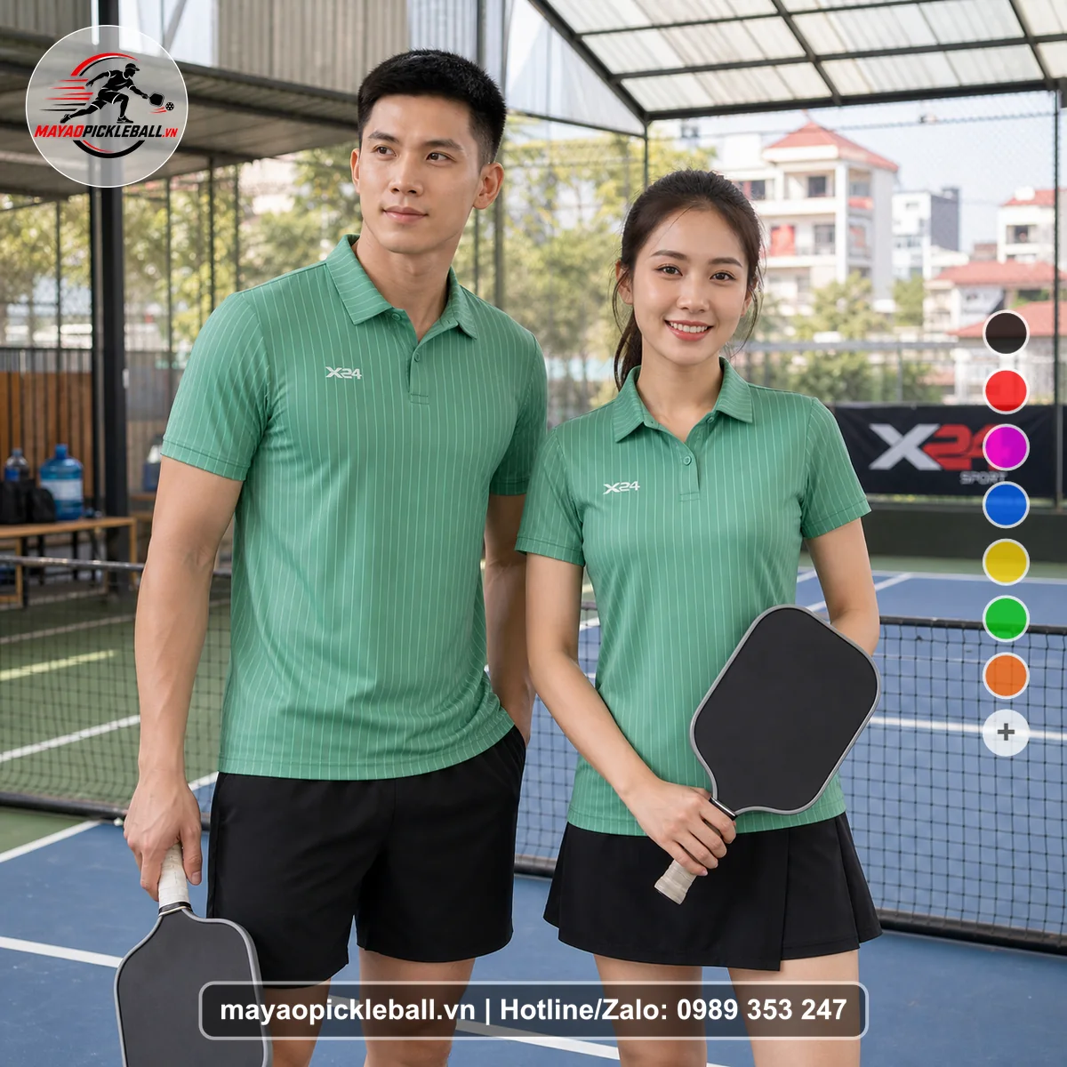 Bộ quần áo pickleball X24-PB-145 xanh ngọc, xanh áo có tay có cổ
