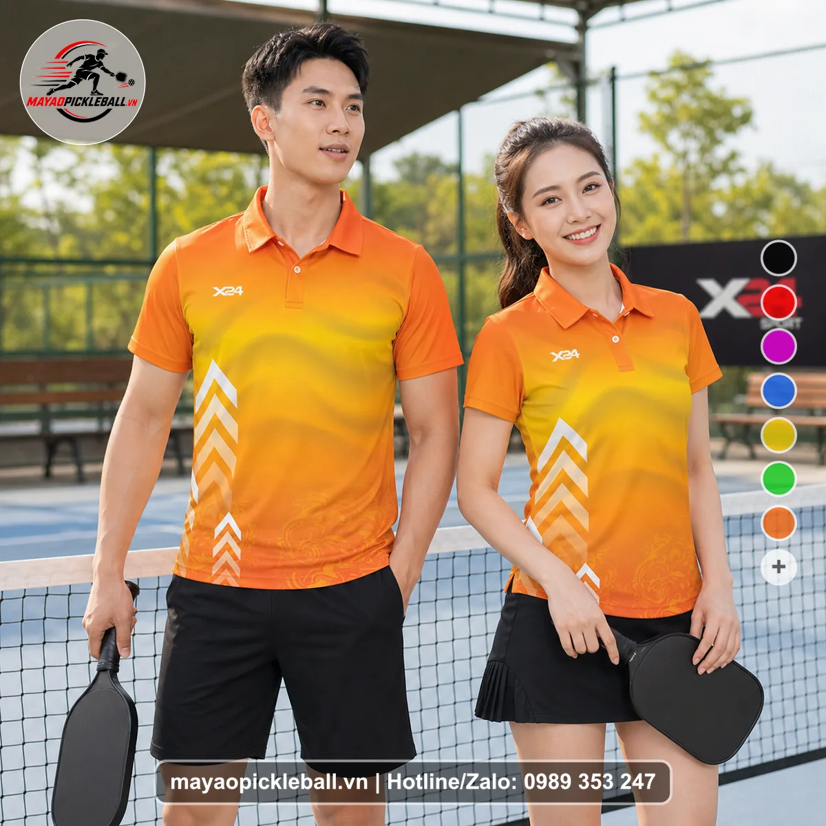 Bộ quần áo pickleball X24-PB-148 cam áo có tay có cổ