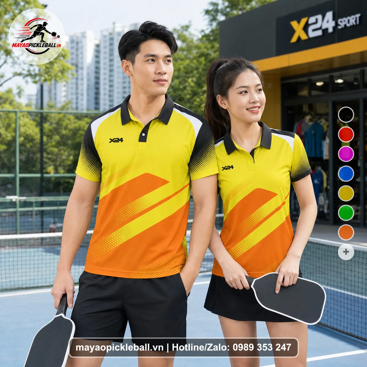 Bộ quần áo pickleball X24-PB-152 vàng áo có tay có cổ