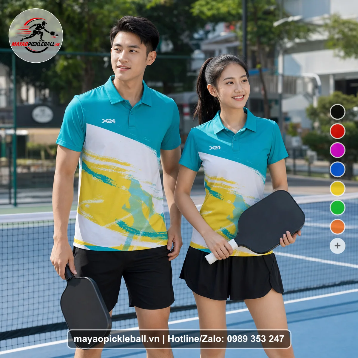Bộ quần áo pickleball X24-PB-153 xanh ngọc, xanh áo có tay có cổ